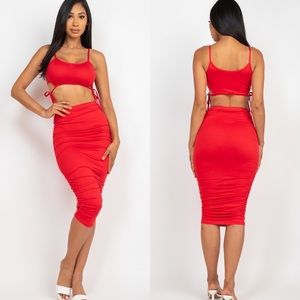NEW "Be Mine" Sexy Red Cut-out Crop Top & Ruched Midi Skirt Set
